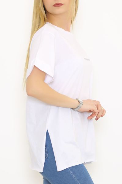 Yırtmaçlı Baskılı Tişört Beyaz - 1068.275.