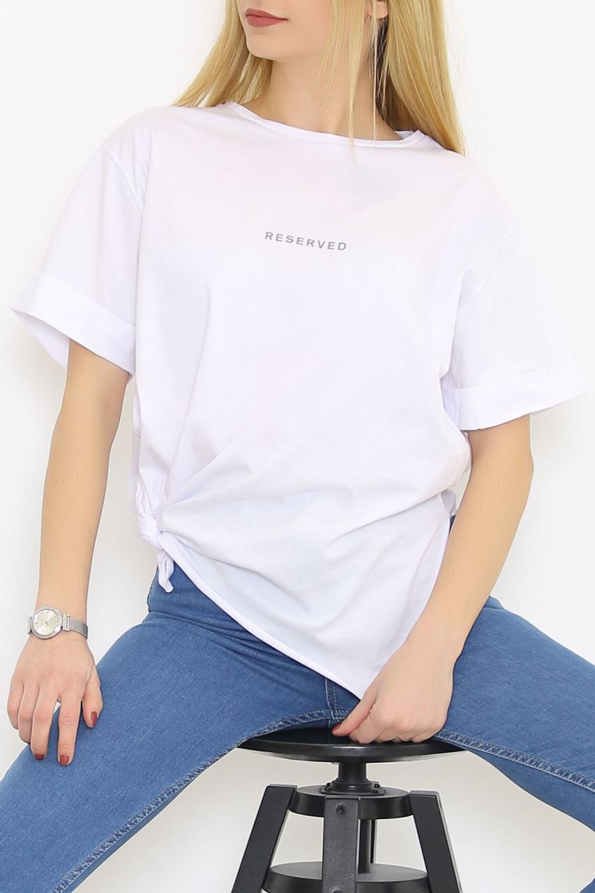 Yırtmaçlı Baskılı Tişört Beyaz - 1068.275.