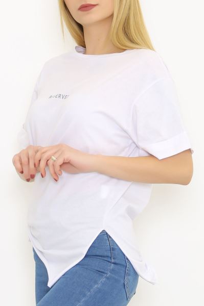 Yırtmaçlı Baskılı Tişört Beyaz - 1068.275.