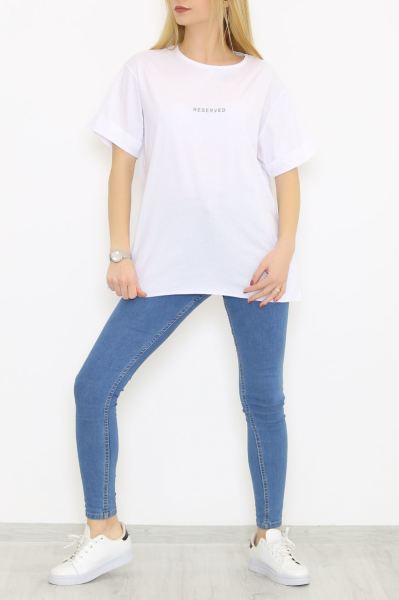 Yırtmaçlı Baskılı Tişört Beyaz - 1068.275.