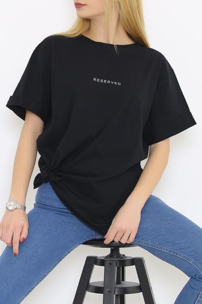 Yırtmaçlı Baskılı Tişört Siyah - 1068.275.