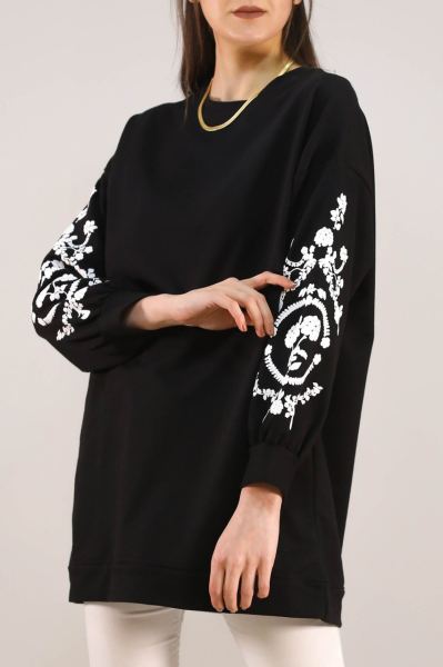 Kolları Çiçek Baskılı Sweat Siyah - 3064.105.