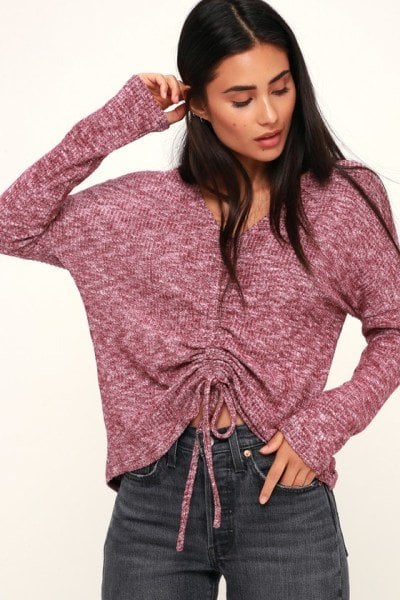 Briony Heather Grey Ruched Long Sleeve Sweater Top