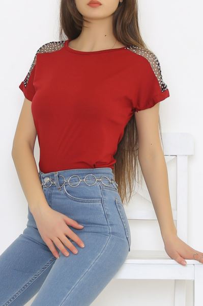Omzu Tüllü Bluz Bordo - 8878.599.