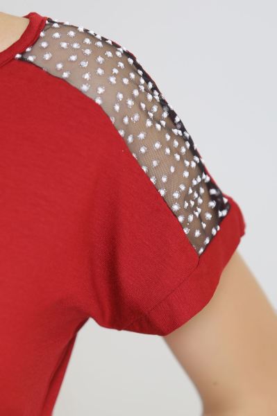 Omzu Tüllü Bluz Bordo - 8878.599.