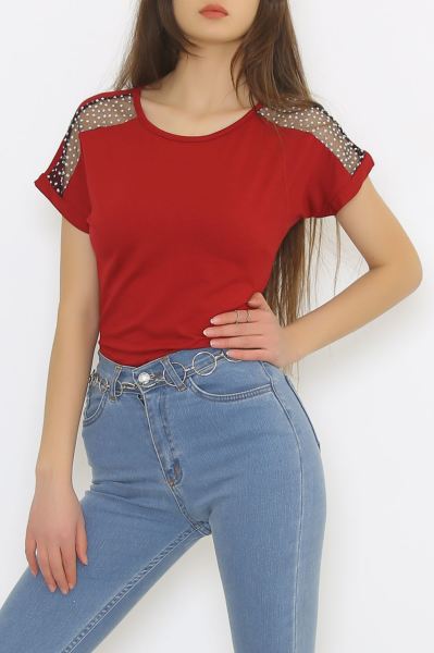 Omzu Tüllü Bluz Bordo - 8878.599.