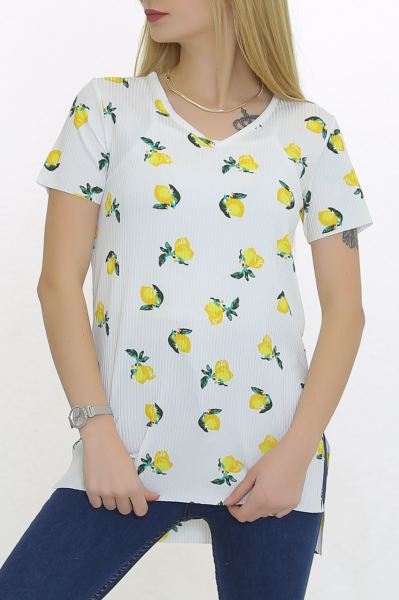 Desenli Yırtmaçlı Tişört Beyazsarı - 2257.555.