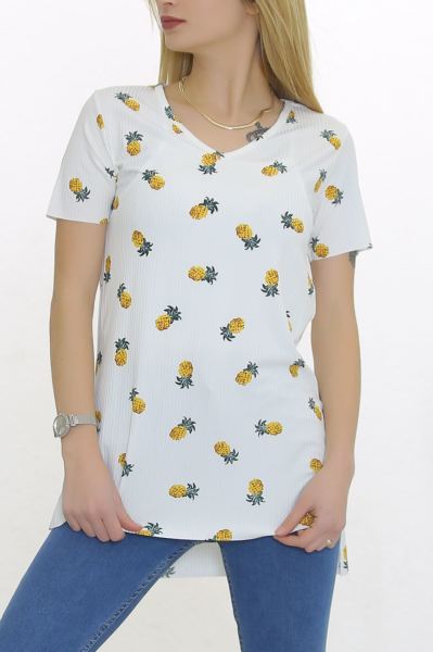 Desenli Yırtmaçlı Tişört Desenlibeyaz - 2257.555.