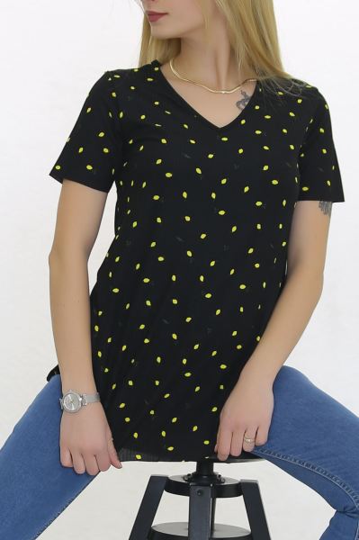 Desenli Yırtmaçlı Tişört Sarısiyah - 2257.555.