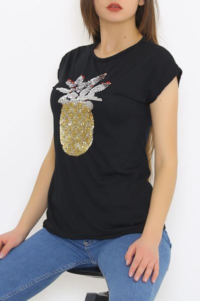 Ananas Pul Baskı Tişört Siyah - 6543.599.
