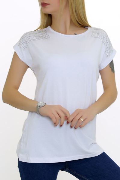 Omuzu İncili Tişört Beyaz - 5773.599.