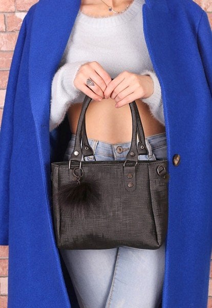 Boss Siyah Cilt Ponponlu Çanta