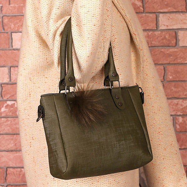 Boss Haki Yeşil Cilt Ponponlu Çanta