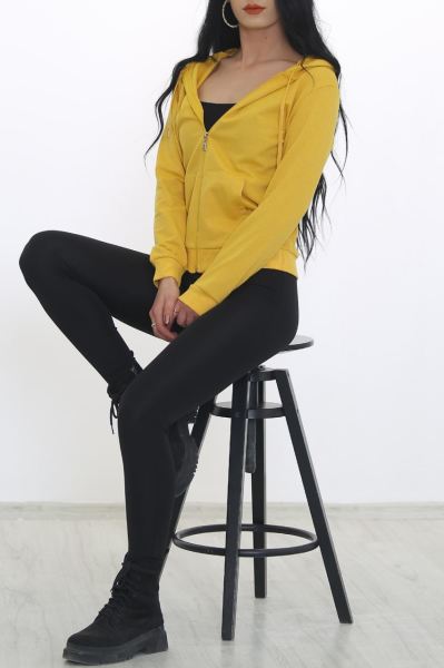 Kapşonlu Fermuarlı Sweat Sarı - 3001.275.