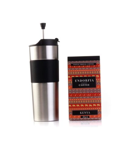 Kişiye Özel Hediyelik French Press Termos Gümüş & Kenya AA Plus Kahve Seti