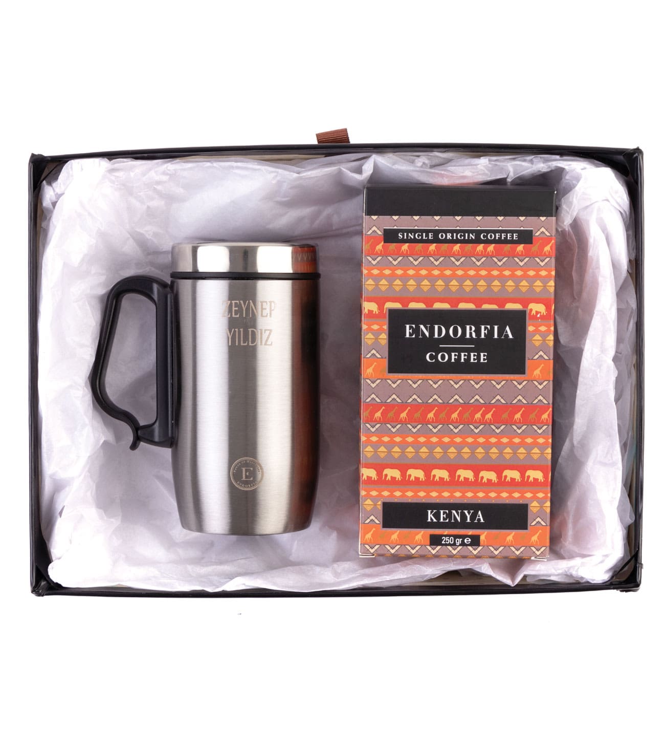 Kişiye Özel Hediyelik Çelik Termos Bardak Gümüş & Kenya AA Plus Kahve Seti