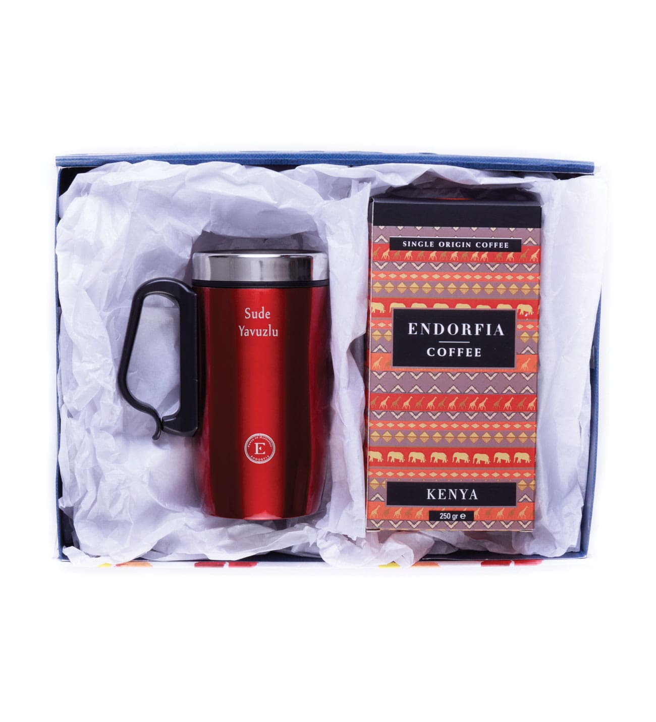 Kişiye Özel Hediyelik Çelik Termos Bardak Kırmızı & Kenya AA Plus Kahve Seti