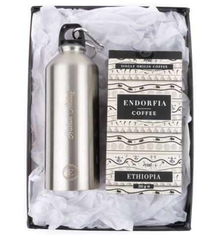 Kişiye Özel Hediyelik Sızdırmaz Çelik Matara Gümüş & Etiyopya Sidamo Gr.4 Kahve Seti