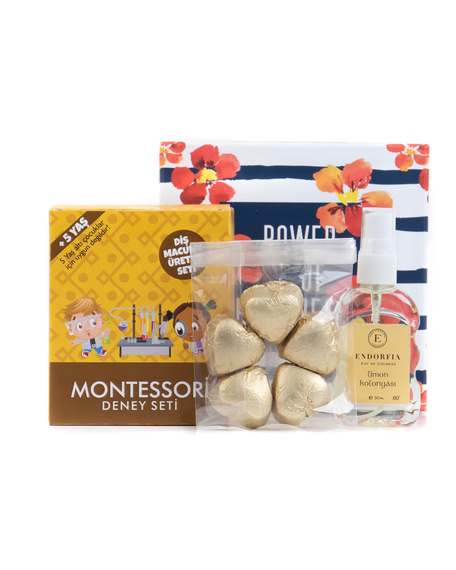 Montessori Diş Macunu Üretim Seti Fıstıklı Kalp Çikolata Gold - 50 ML 80c Limon Kolonyalı Set Lüks Taslama Kapaklı Hediye Kutusu