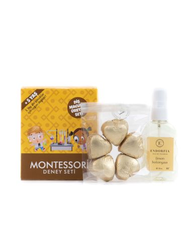 Montessori Diş Macunu Üretim Seti Fıstıklı Kalp Çikolata Gold - 50 ML 80c Limon Kolonyalı Set Lüks Taslama Kapaklı Hediye Kutusu