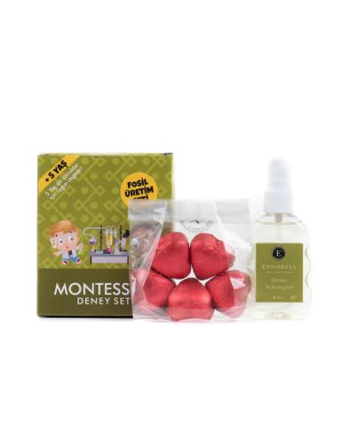 Montessori Fosil Üretim Fıstıklı  Kalp Çikolata - 50 ML 80c Sprey Limon Kolonyalı Set Lüks Taslama Kapaklı Hediye Kutusu