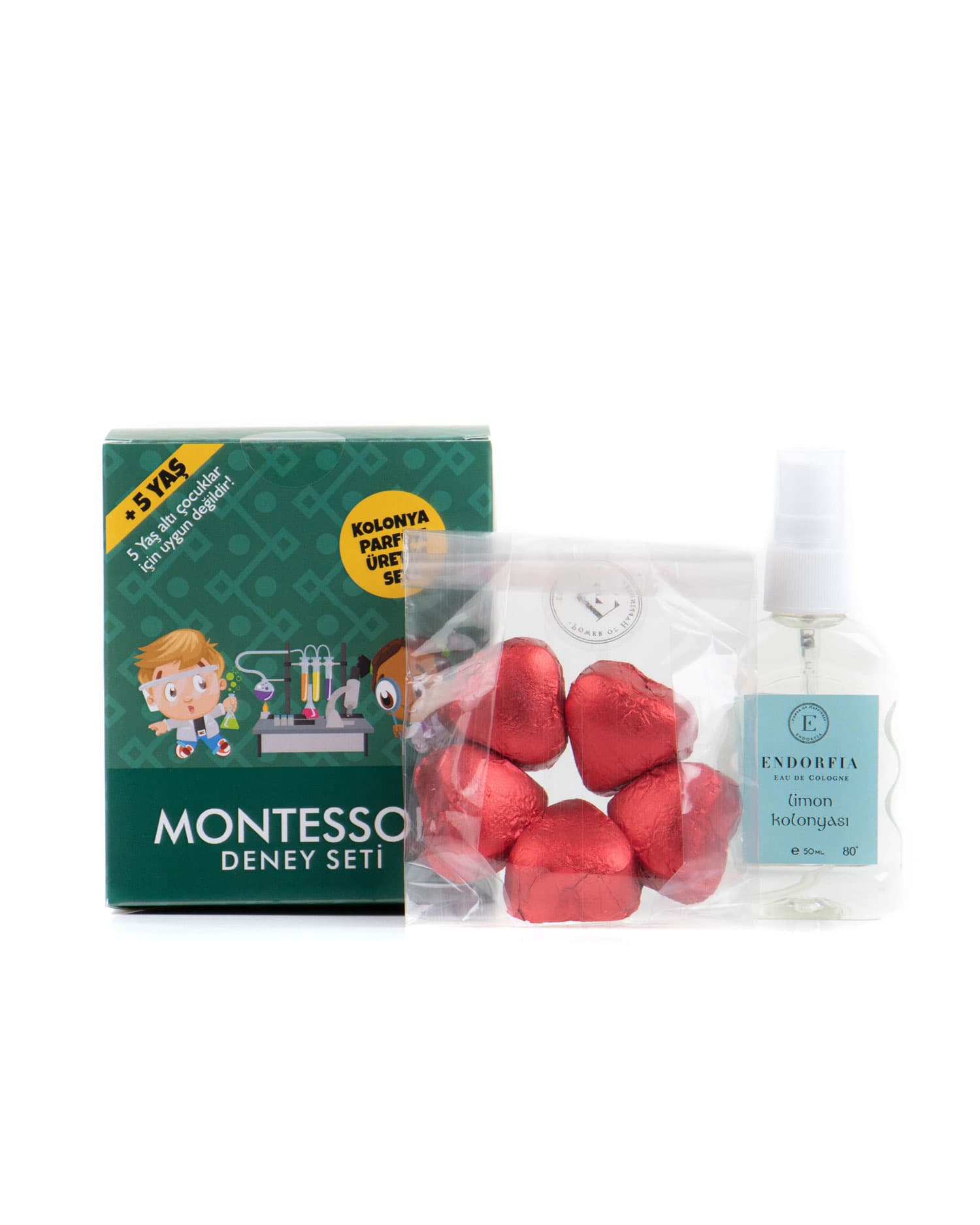 Montessori Parfüm Üretim Fıstıklı Kalp Çikolata - 50 ML 80c Sprey Limon Kolonyalı Set Lüks Taslama Kapaklı Hediye Kutusu