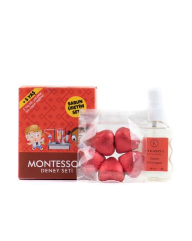 Montessori Sabun Üretim Fıstıklı Kalp Çikolata Kırmızı - 50 ML 80c Sprey Limon Kolonyalı Set Lüks Taslama Kapaklı Hediye Kutusu