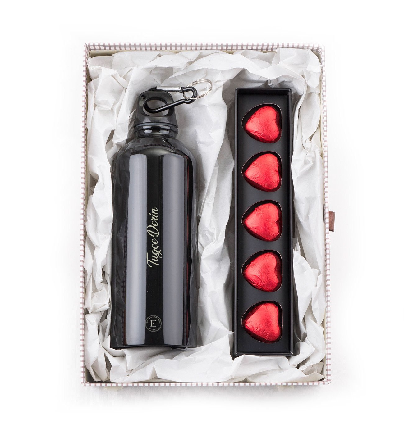 Kişiye Özel Çelik Matara Siyah - Single Slim Fıstıklı Kalp Çikolata