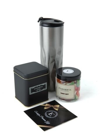 Kişiye Özel Bakla Desenli Çelik Termos - Metal Kutulu Filtre Kahve 100 Gr - Endorfia Yumuşak Şeker 230 Gr