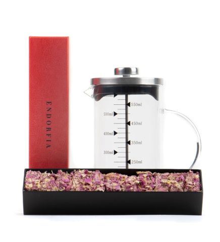 Borosilikat 600 Ml French Press ve Single slim Gül Yapraklı Lokum Kırmızı