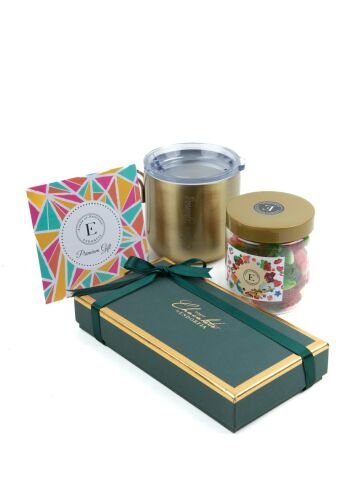 Kişiye Özel Çelik Matara Gold - Yılbaşı Kutusu Madlen Mix Çikolata- Yumuşak Şeker 150 Gr