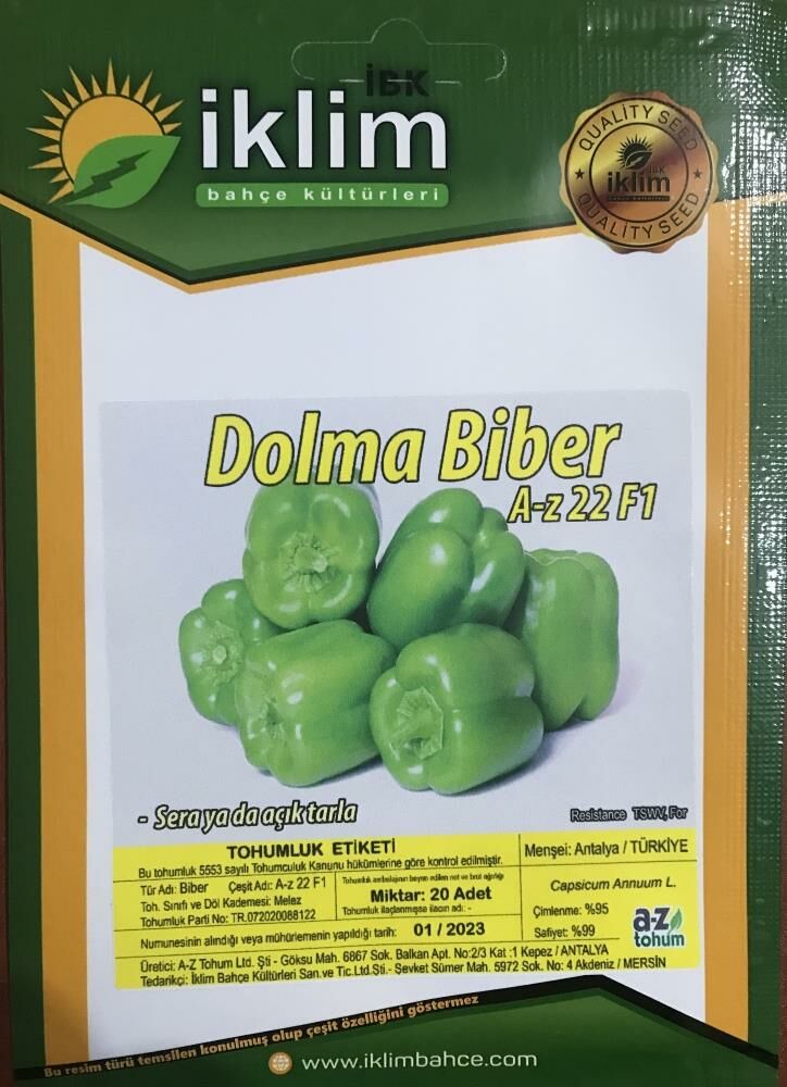 A-Z TOHUM BİBER TOHUMU A-Z 22 F1 DOLMA BİBER - 20 ADET TOHUMLUK