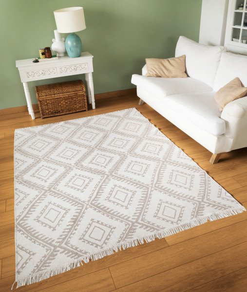 Duo Beyaz Bej Çift Taraflı Yıkanabilir Dokuma Kilim 22997A 60 x 100 Cm