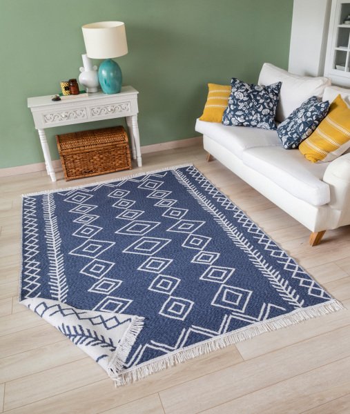 Duo Beyaz Mavi Çift Taraflı Yıkanabilir Dokuma Kilim 23000A 80 x 150 Cm