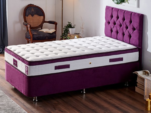Violet Yatak Seti 90X200Cm Tek Kişilik Yatak Baza Başlık Takımı Orta Sert Yatak Mor Baza Ve Başlığı