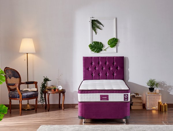 Violet Yatak Seti 100X200Cm Tek Kişilik Yatak Baza Başlık Takımı Orta Sert Yatak Mor Baza Ve Başlığı