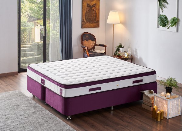 Violet Yatak Seti 140X190Cm Çift Kişilik Yatak Baza Başlık Takımı Orta Sert Yatak Mor Baza Ve Başlığı