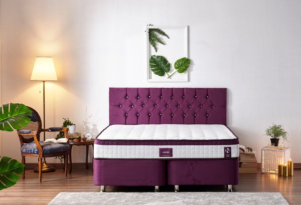 Violet Yatak Seti 150X200Cm Çift Kişilik Yatak Baza Başlık Takımı Orta Sert Yatak Mor Baza Ve Başlığı
