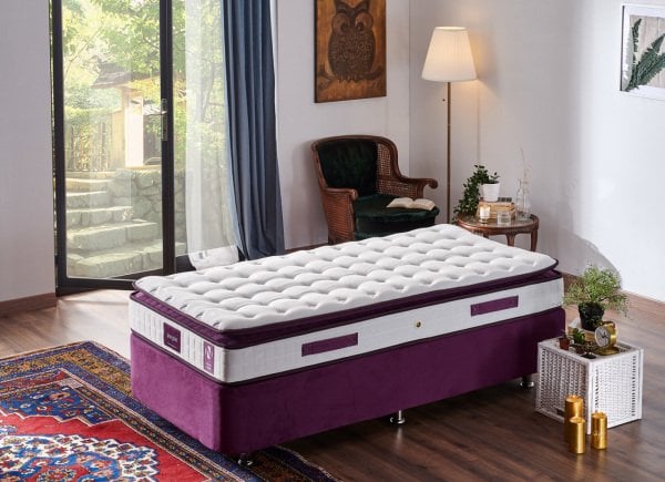 Purple Yatak Seti 80X180Cm Tek Kişilik Yatak Baza Başlık Takımı Orta Sert Yatak Mor Baza Ve Başlığı