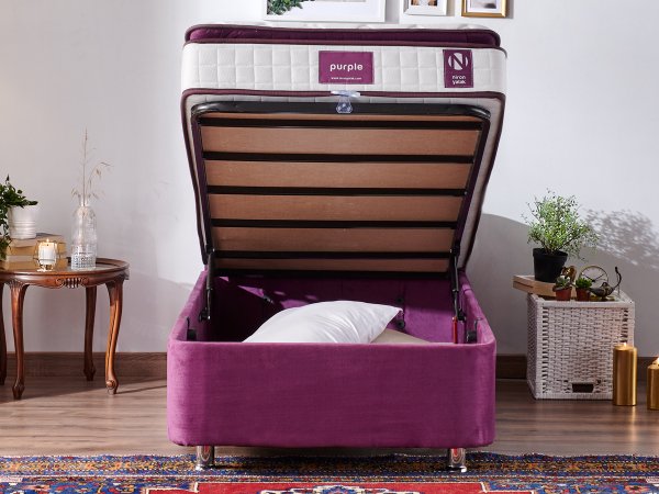 Purple Yatak Seti 100X200Cm Tek Kişilik Yatak Baza Başlık Takımı Orta Sert Yatak Mor Baza Ve Başlığı