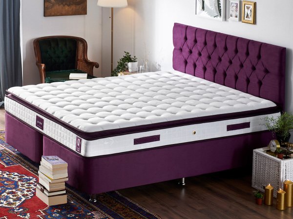 Purple Yatak Seti 140X190Cm Çift Kişilik Yatak Baza Başlık Takımı Orta Sert Yatak Mor Baza Ve Başlığı