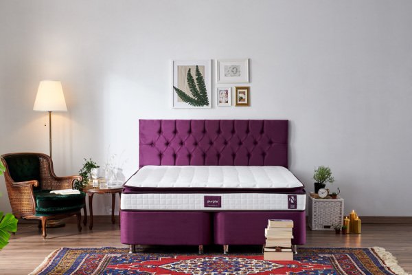 Purple Yatak Seti 140X190Cm Çift Kişilik Yatak Baza Başlık Takımı Orta Sert Yatak Mor Baza Ve Başlığı