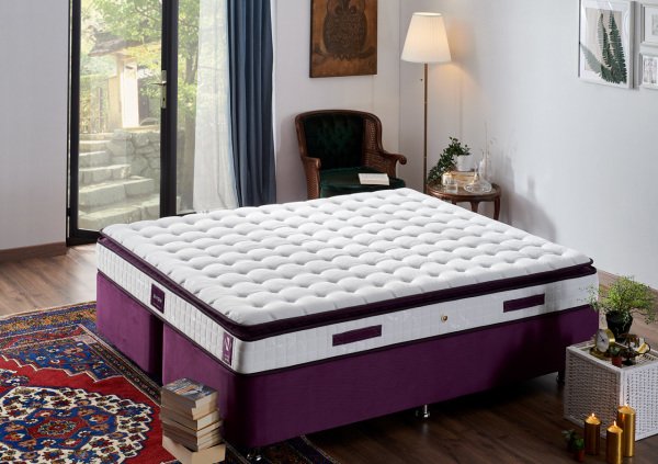 Purple Yatak Seti 180X200Cm Çift Kişilik Yatak Baza Başlık Takımı Orta Sert Yatak Mor Baza Ve Başlığı