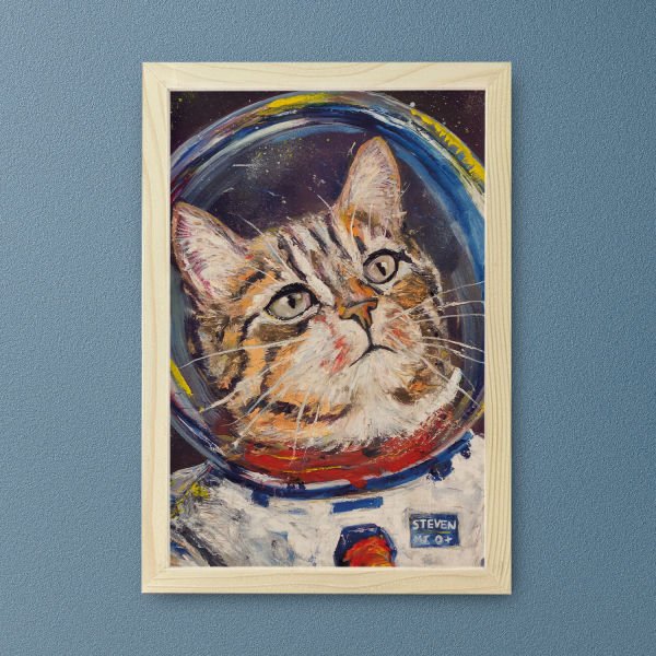 Uzayda Astronot Kedi Ahşap Çerçeveli Ahşap Dokulu 35X50Cm Lacivert Tablo