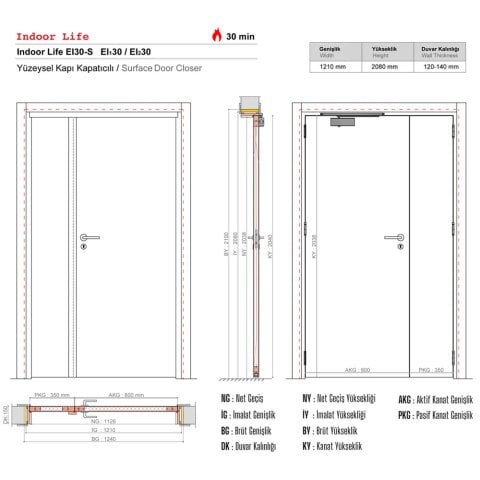 EI30-S  Yangına Dayanıklı 1,5 Kanat Laminat Ahşap Kapı