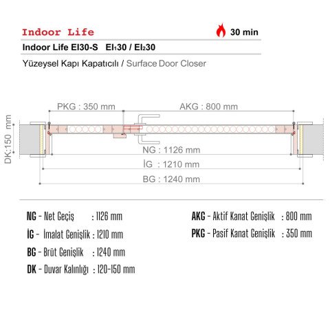 EI30-S  Yangına Dayanıklı 1,5 Kanat Laminat Ahşap Kapı
