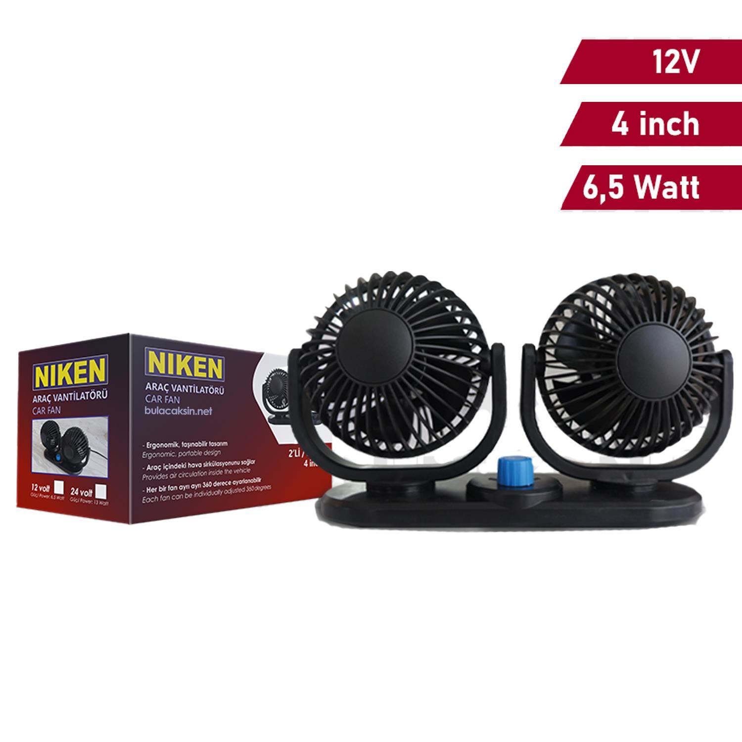 Niken Oto Vantilatör Çift Başlı 12V 4 İnch Çakmak Girişli