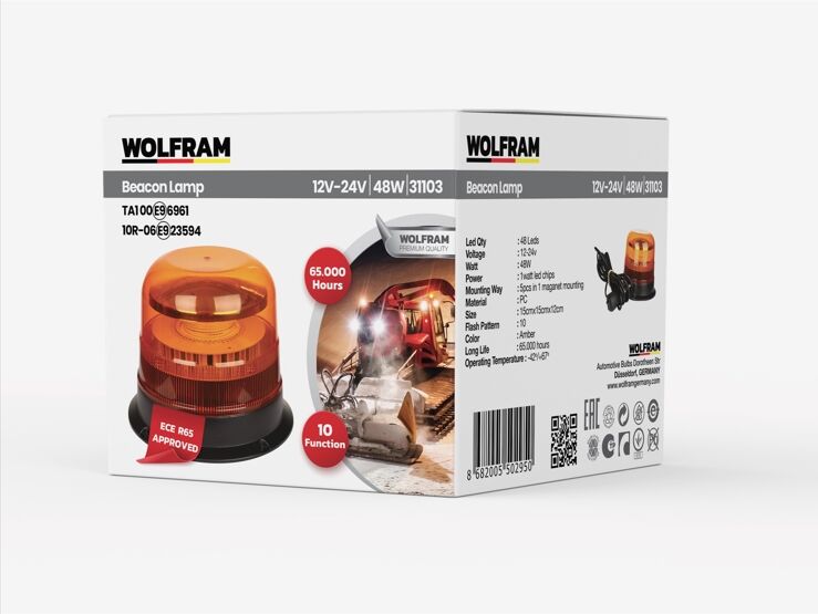 Wolfram Led Tepe Döner İkaz Lambası Cıvata+Vantuz ve Mıknatıs Bağlantılı 10 Fonksiyon 12/24V E-Belgeli 48W