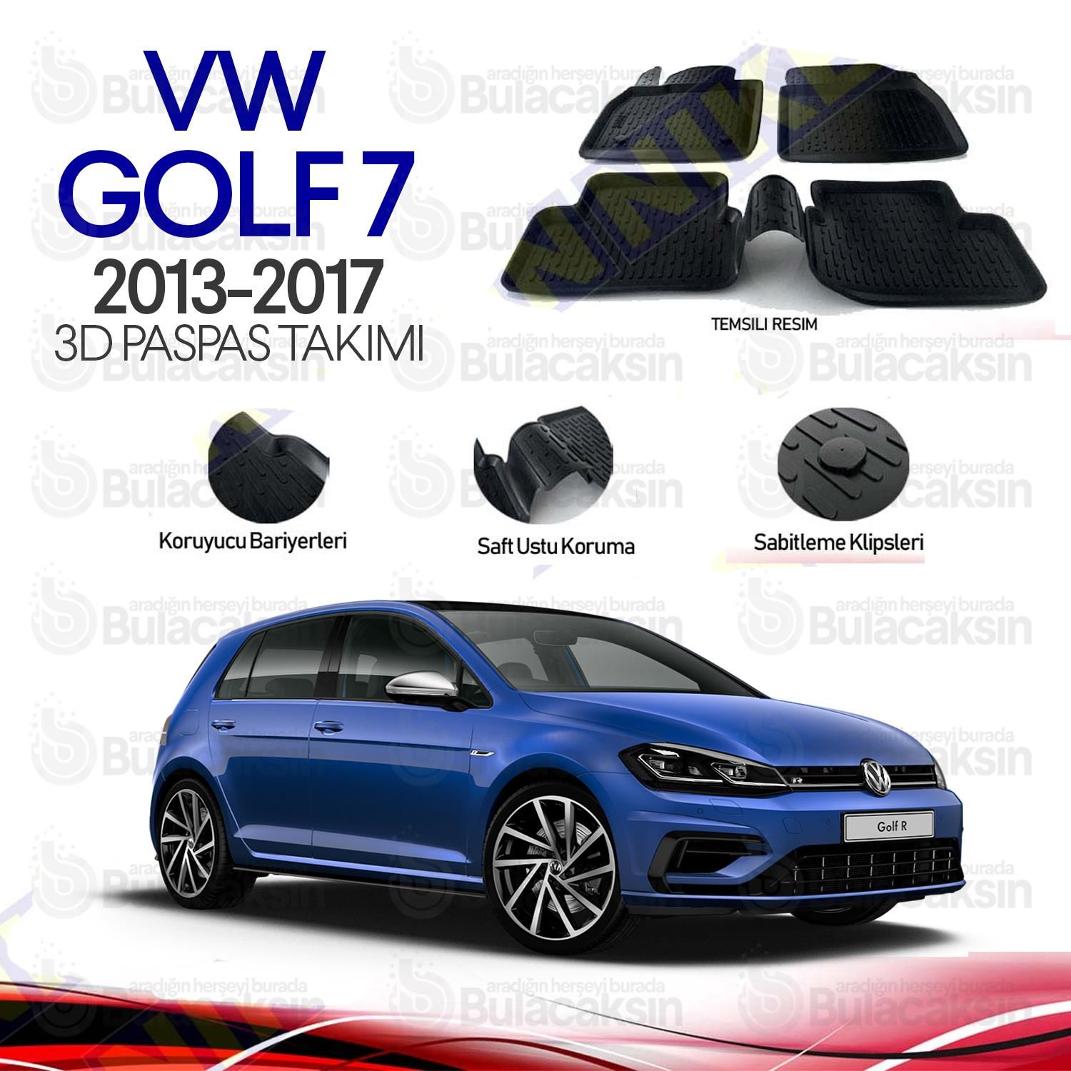 Volkswagen Golf 7 2013 - 2017 3D Havuzlu Oto Paspas Takımı