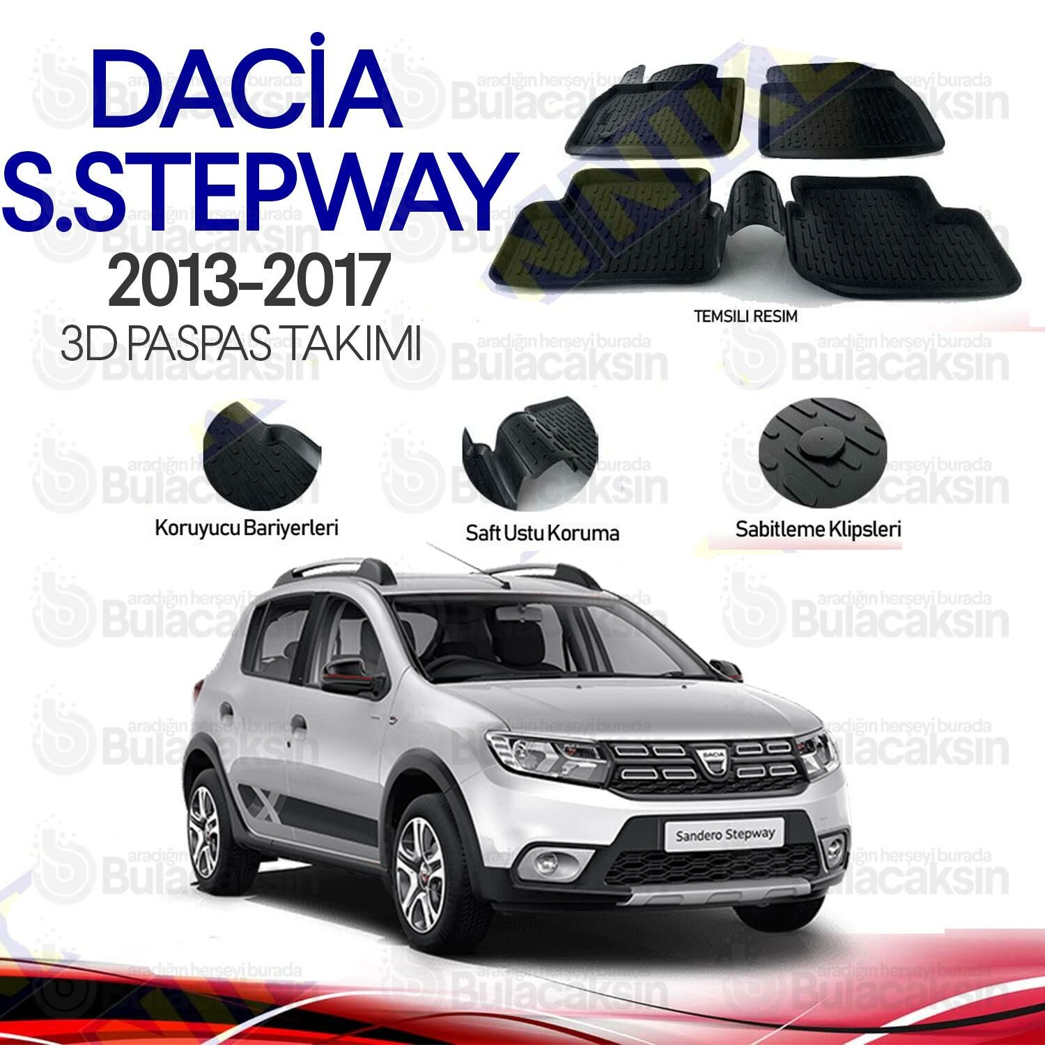 Dacia Sandero Stepway 2013 - 2017 3D Havuzlu Oto Paspas Takımı